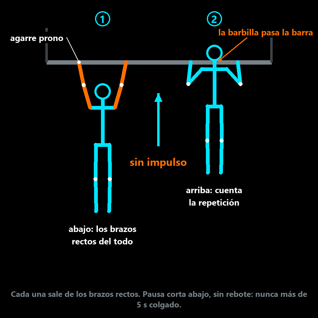 Dominada del examen de Policía Nacional: sale de colgado con los brazos rectos y agarre prono, y cuenta cuando la barbilla pasa la barra, sin impulso